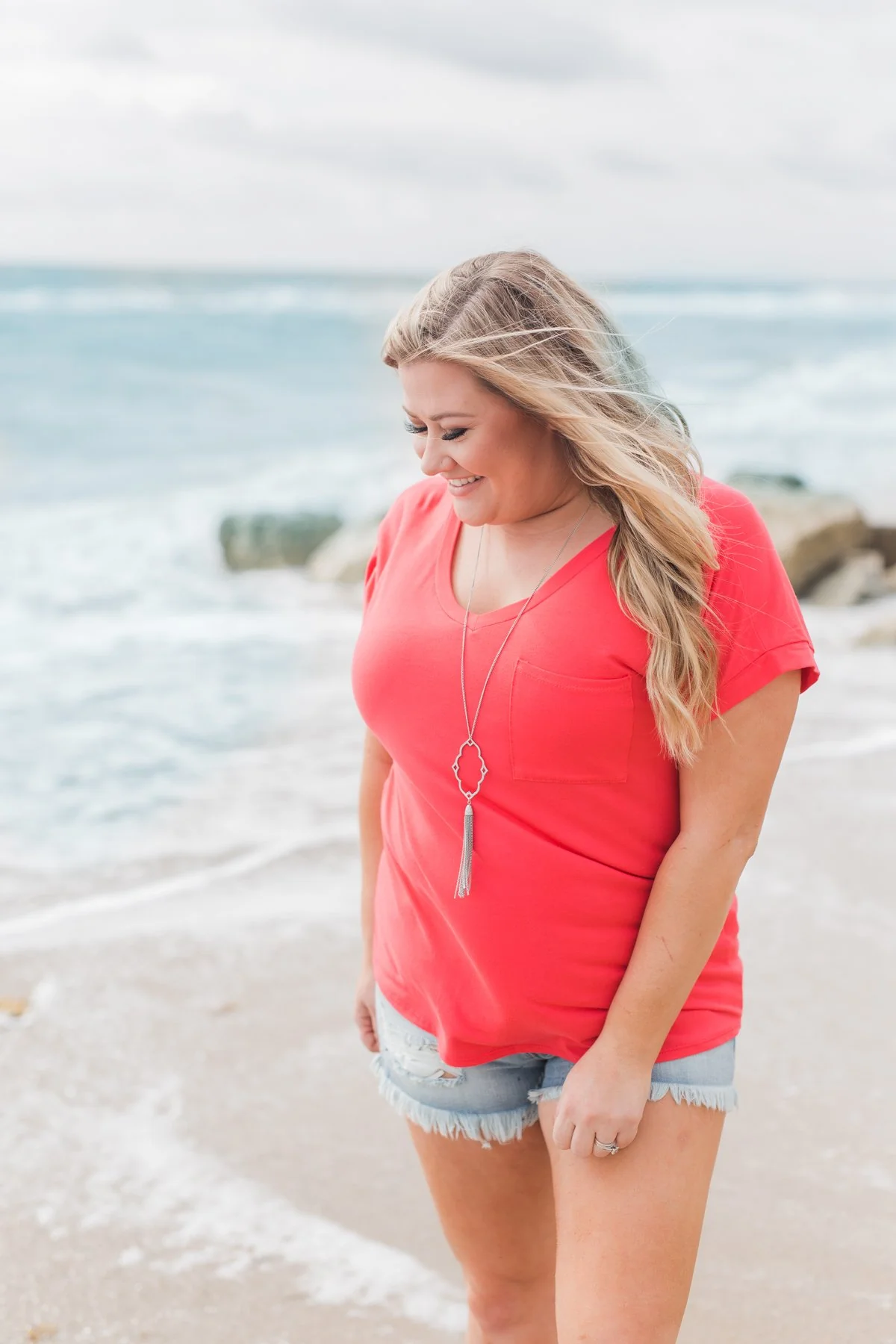 Solid V-Neck Pocket Top- Strawberry Pink - Image 23