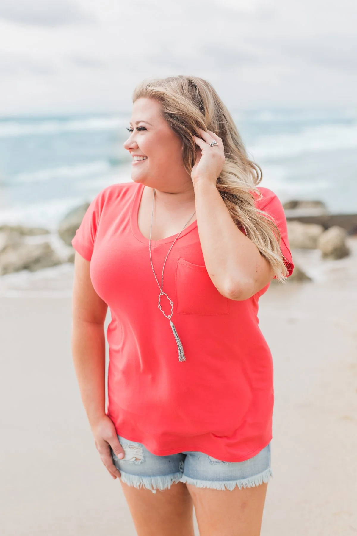 Solid V-Neck Pocket Top- Strawberry Pink - Image 24