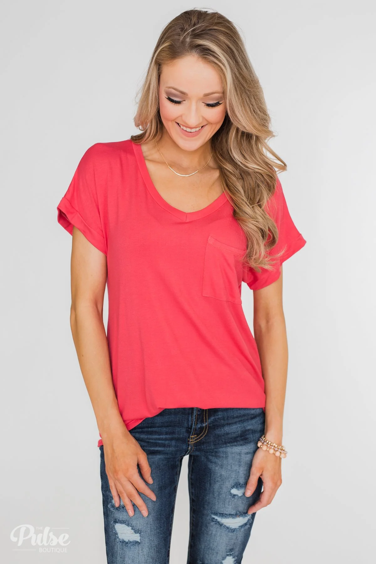 Solid V-Neck Pocket Top- Strawberry Pink - Image 6