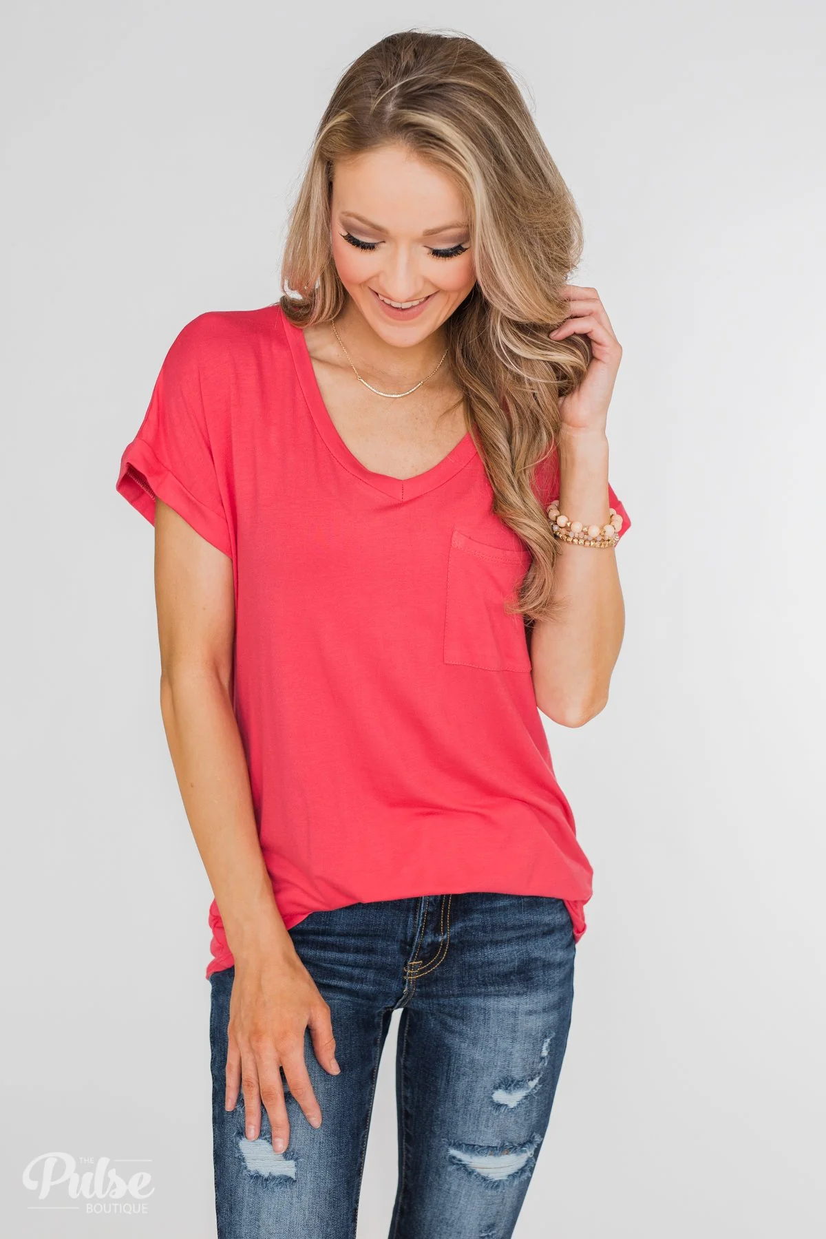Solid V-Neck Pocket Top- Strawberry Pink - Image 8