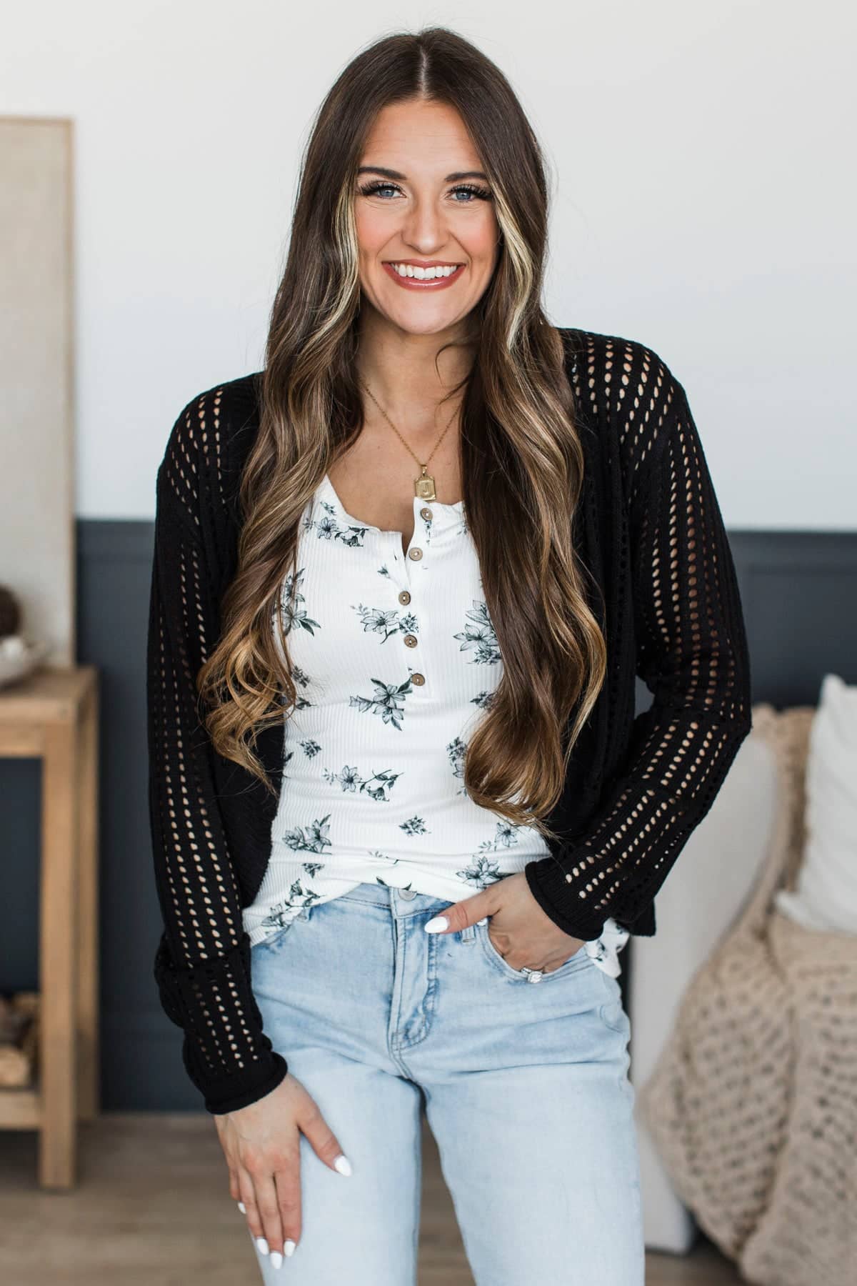 Somebody's Sweetheart Open Knit Cardigan- Black - Image 3