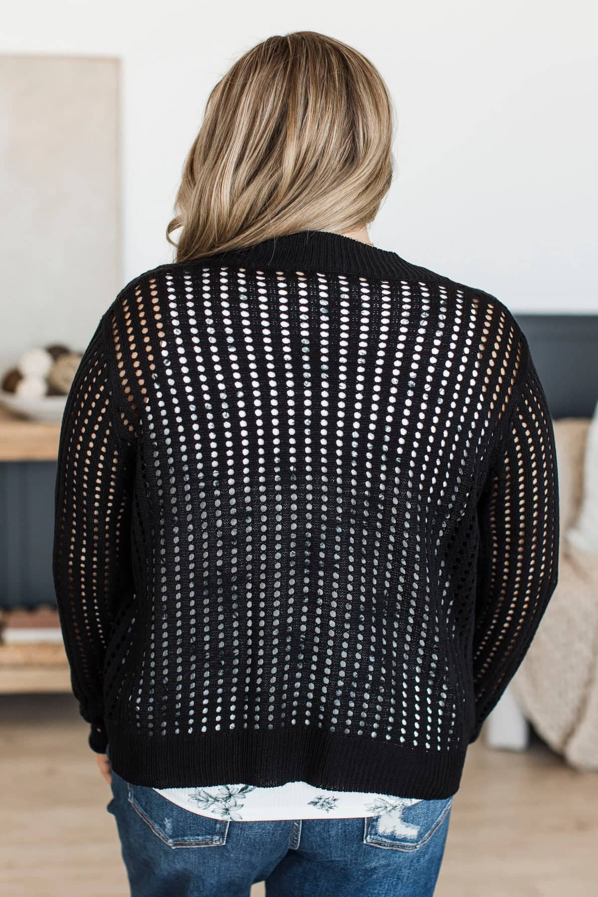 Somebody's Sweetheart Open Knit Cardigan- Black - Image 8