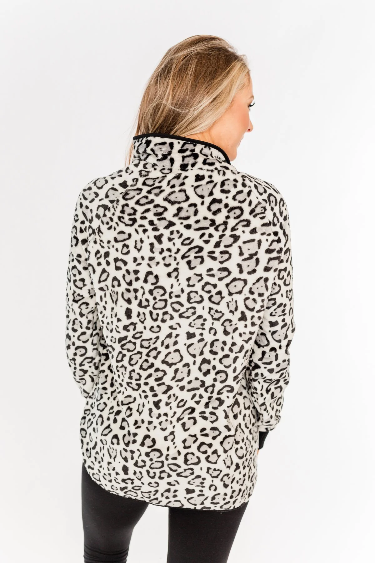 Someday Soon Quarter Button Leopard Sherpa- Grey & Black - Image 12