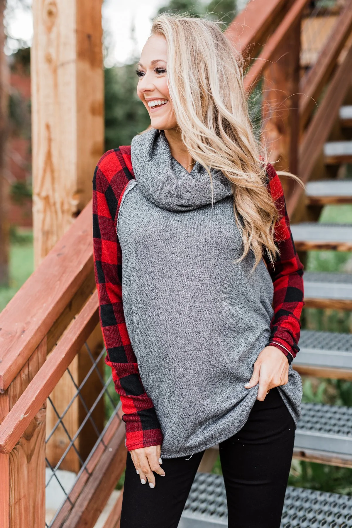 Something About Buffalo Plaid Cowl Neck Top- Grey - Image 3
