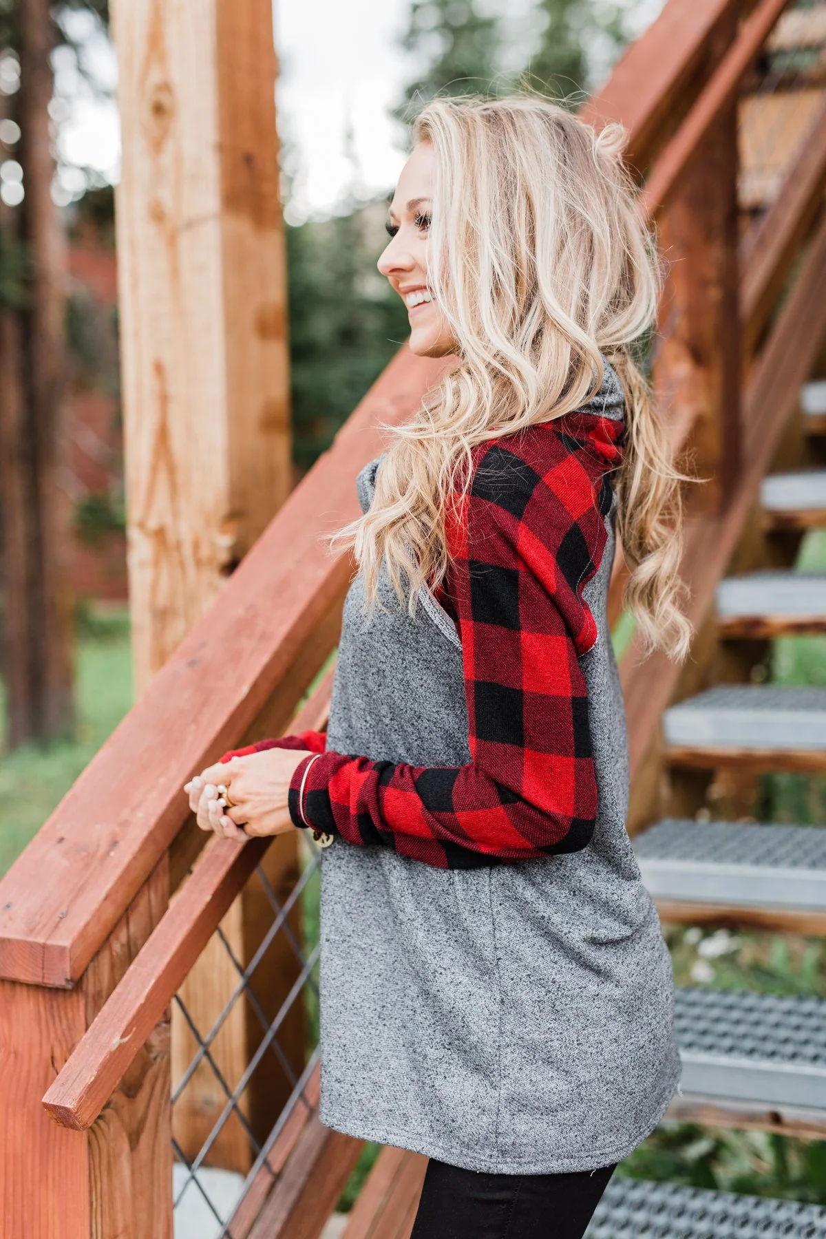 Something About Buffalo Plaid Cowl Neck Top- Grey - Image 5