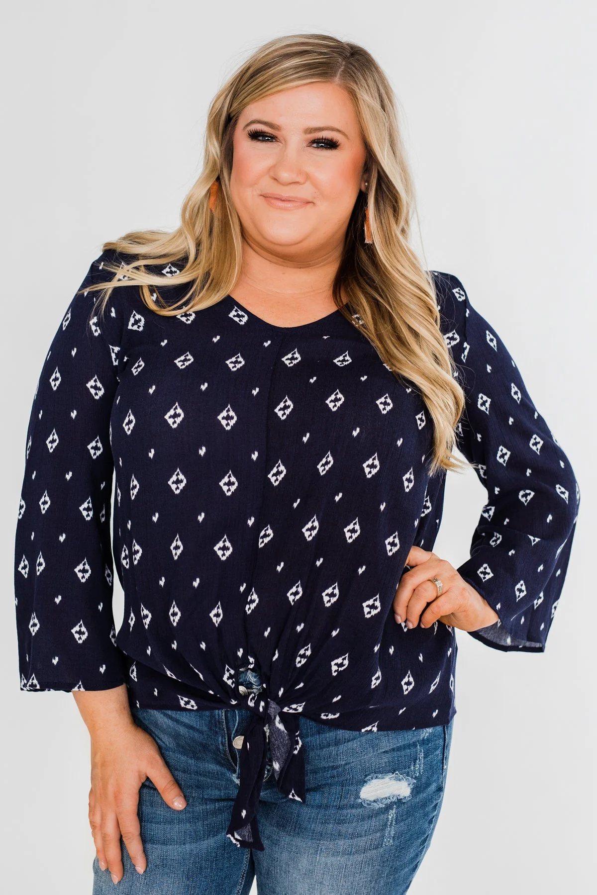 Something About You Printed Tie Blouse- Navy - Image 10