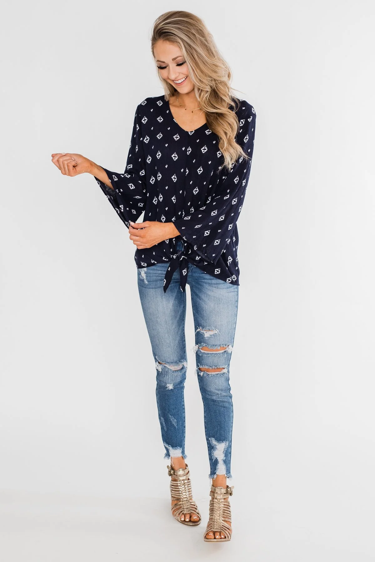 Something About You Printed Tie Blouse- Navy - Image 3