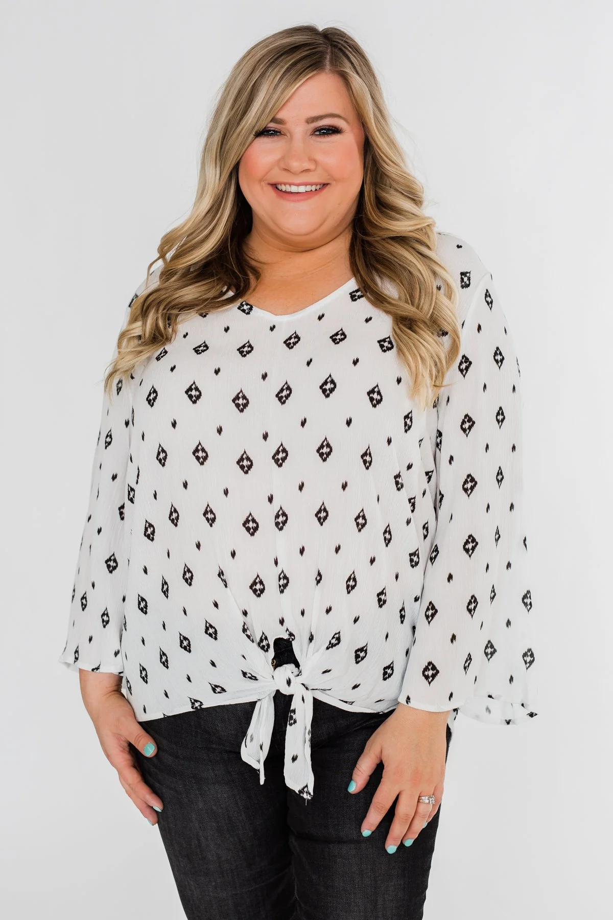Something About You Printed Tie Blouse- White - Image 2