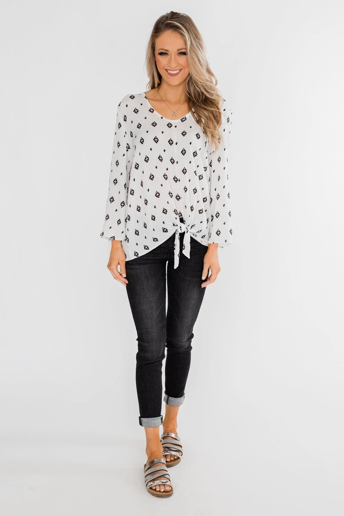 Something About You Printed Tie Blouse- White - Image 5