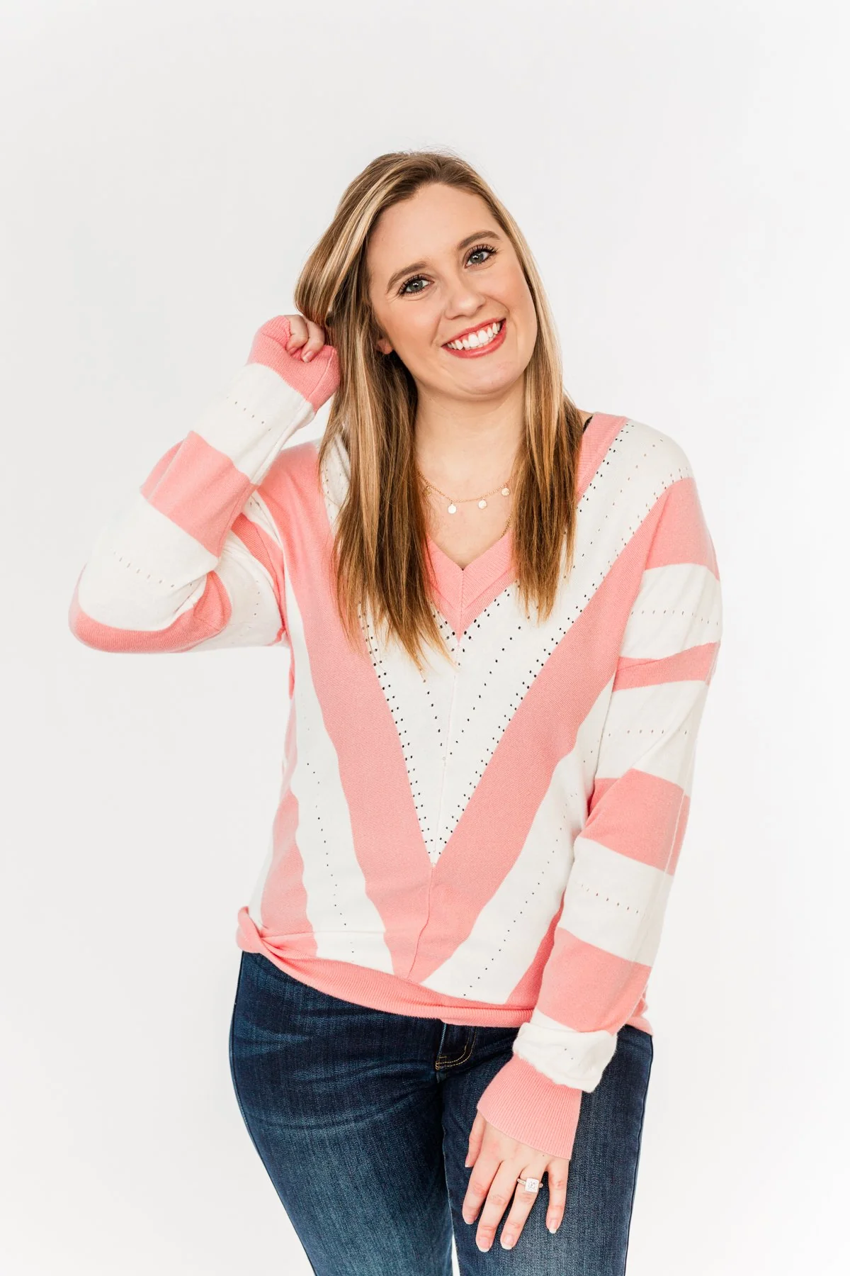 Something Lovely V-Neck Sweater- Flamingo Pink & Off-White - Image 6