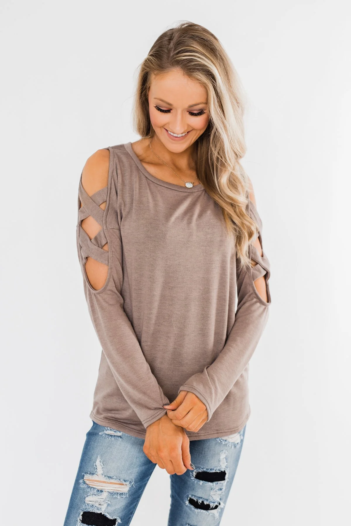 Something More Exciting Cold Shoulder Top- Mocha - Image 2