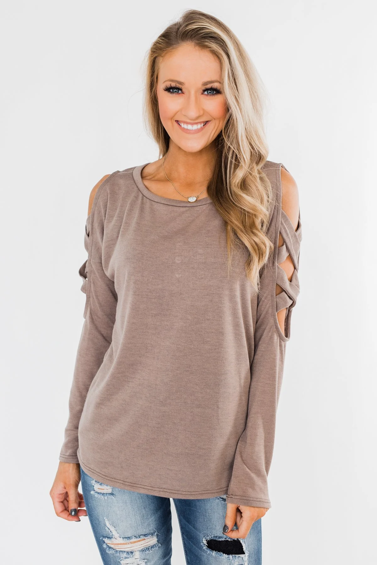 Something More Exciting Cold Shoulder Top- Mocha - Image 4