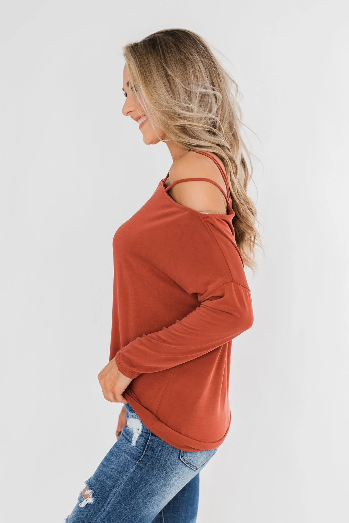 Something New Cold Shoulder Top- Soft Rust - Image 11