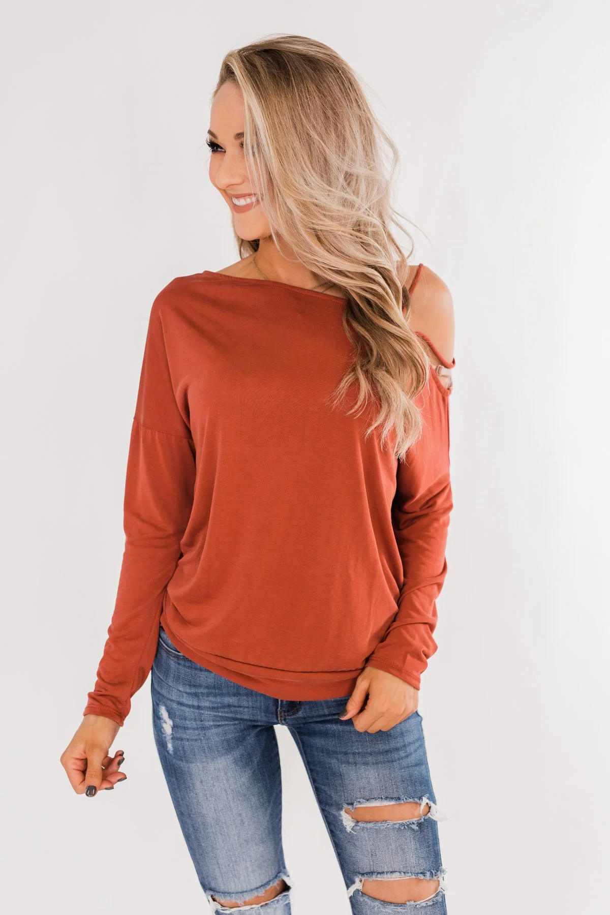 Something New Cold Shoulder Top- Soft Rust - Image 3