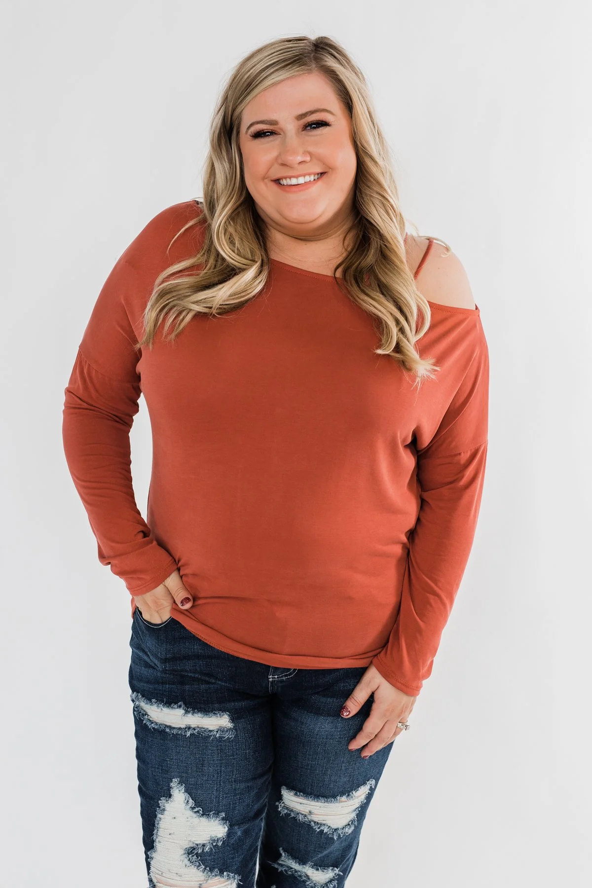 Something New Cold Shoulder Top- Soft Rust - Image 7