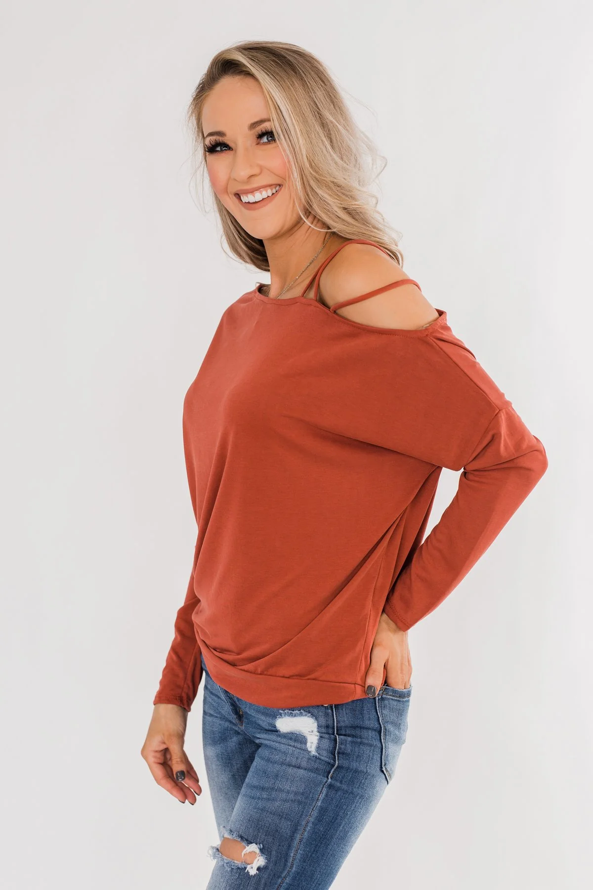 Something New Cold Shoulder Top- Soft Rust - Image 9