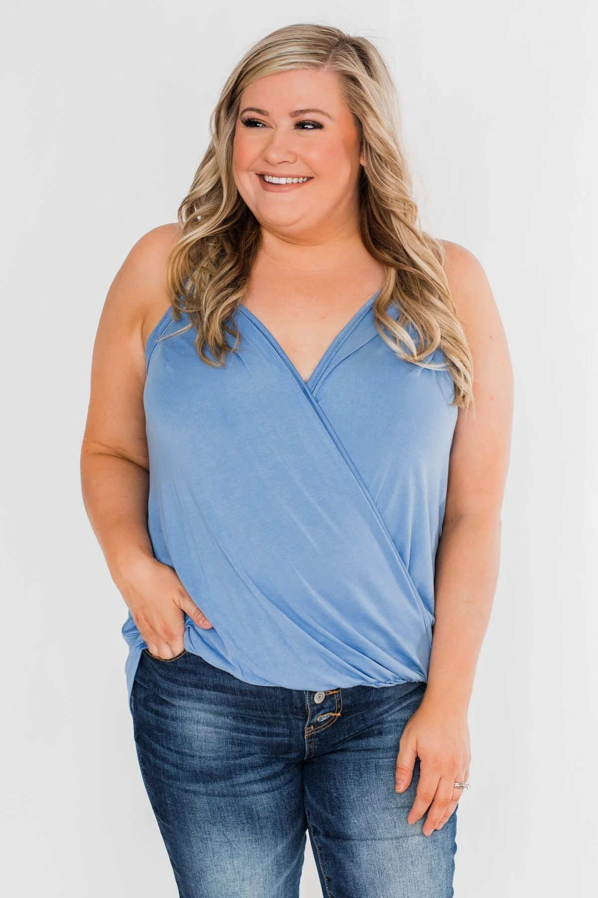 Something Simple Wrap Tank Top- Light Denim - Image 6