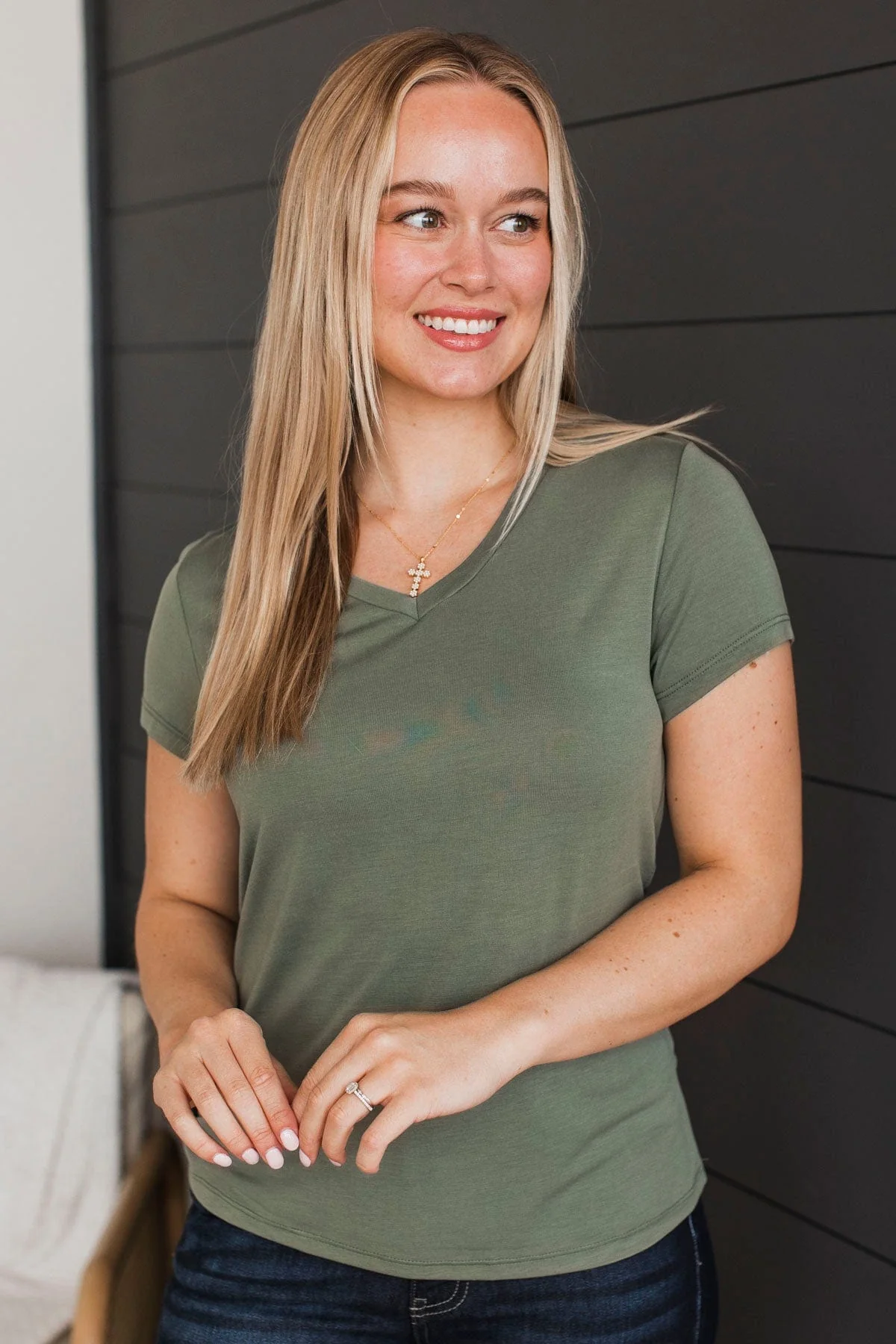 Something To Cling To V-Neck Top- Olive - Image 3