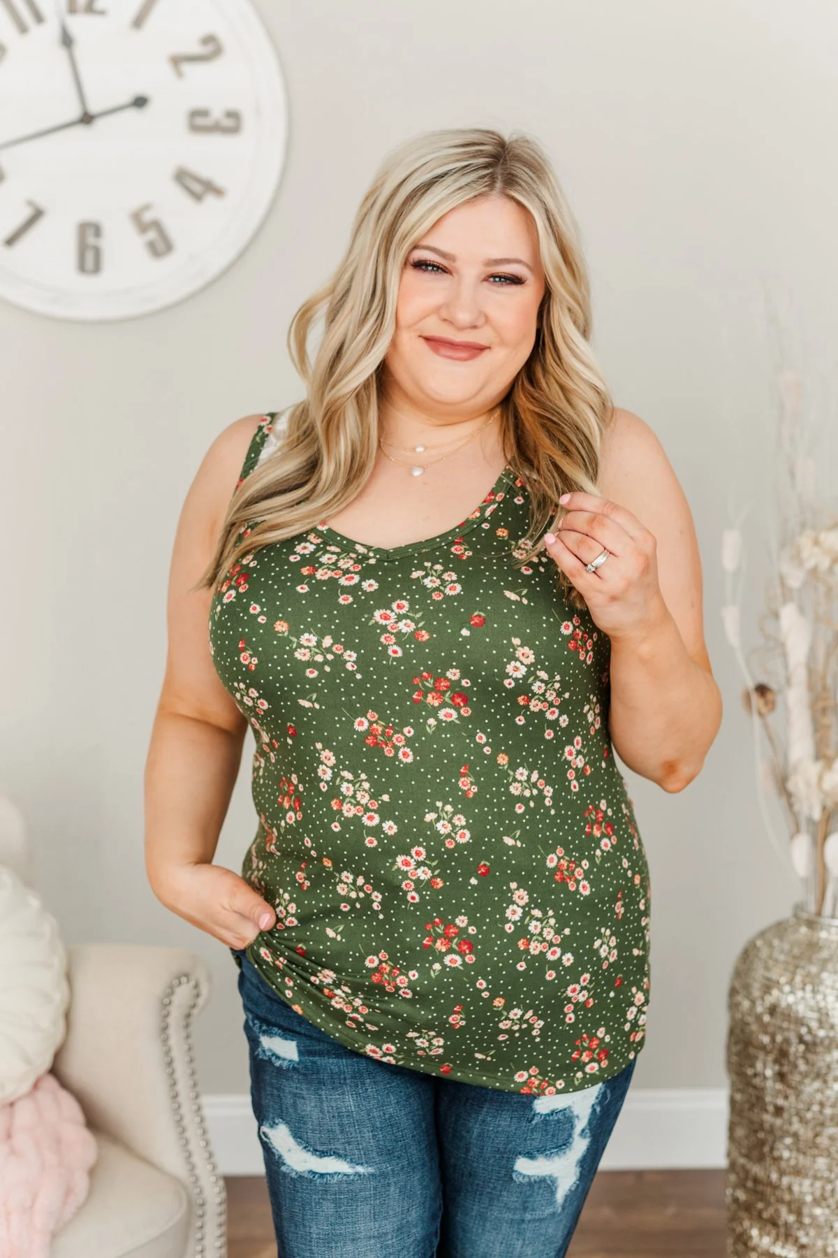Sometime Soon Floral Tank- Olive & Ivory - Image 4