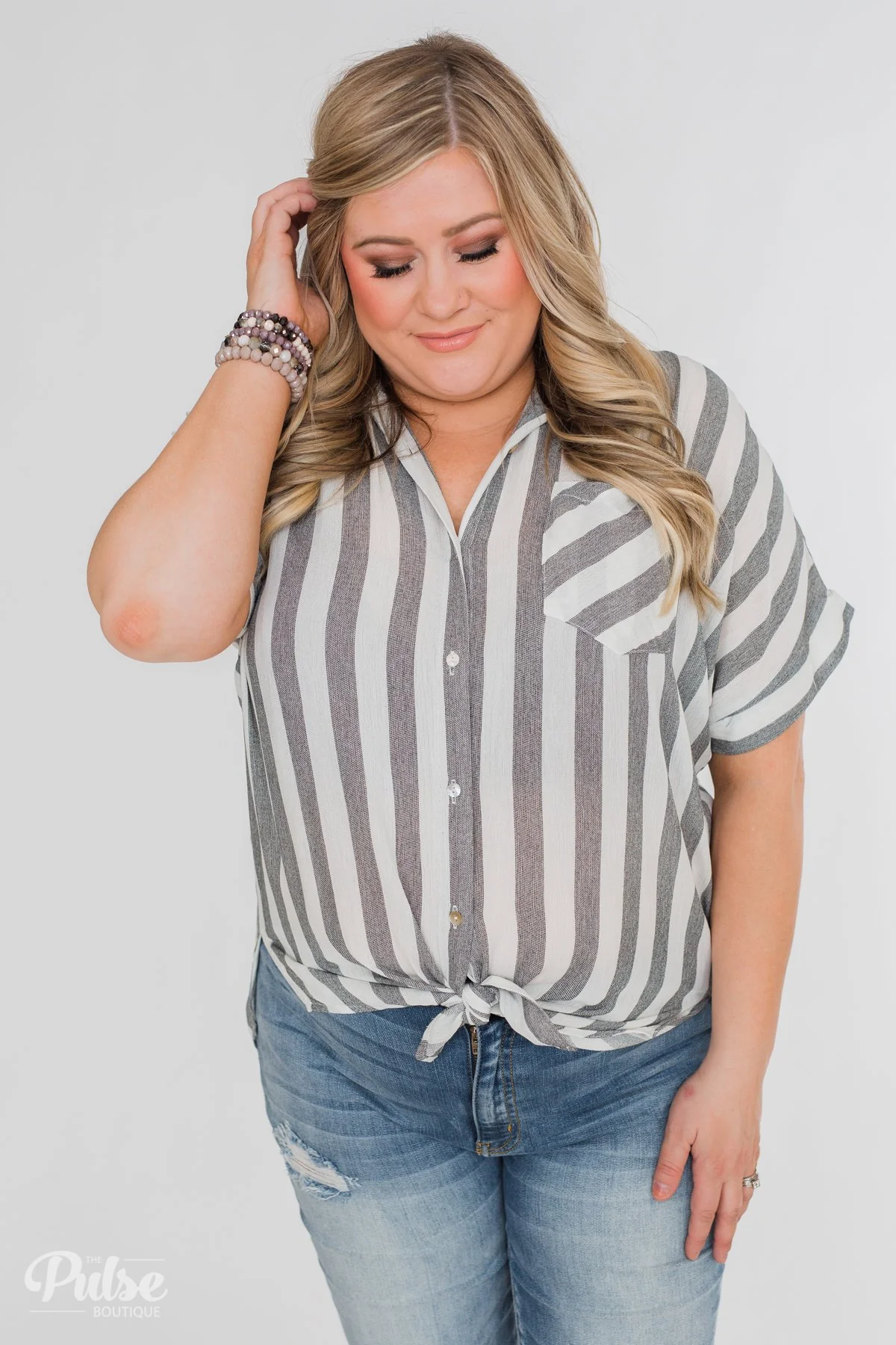 Somewhere Only We Know Striped Top- Grey & White - Image 4