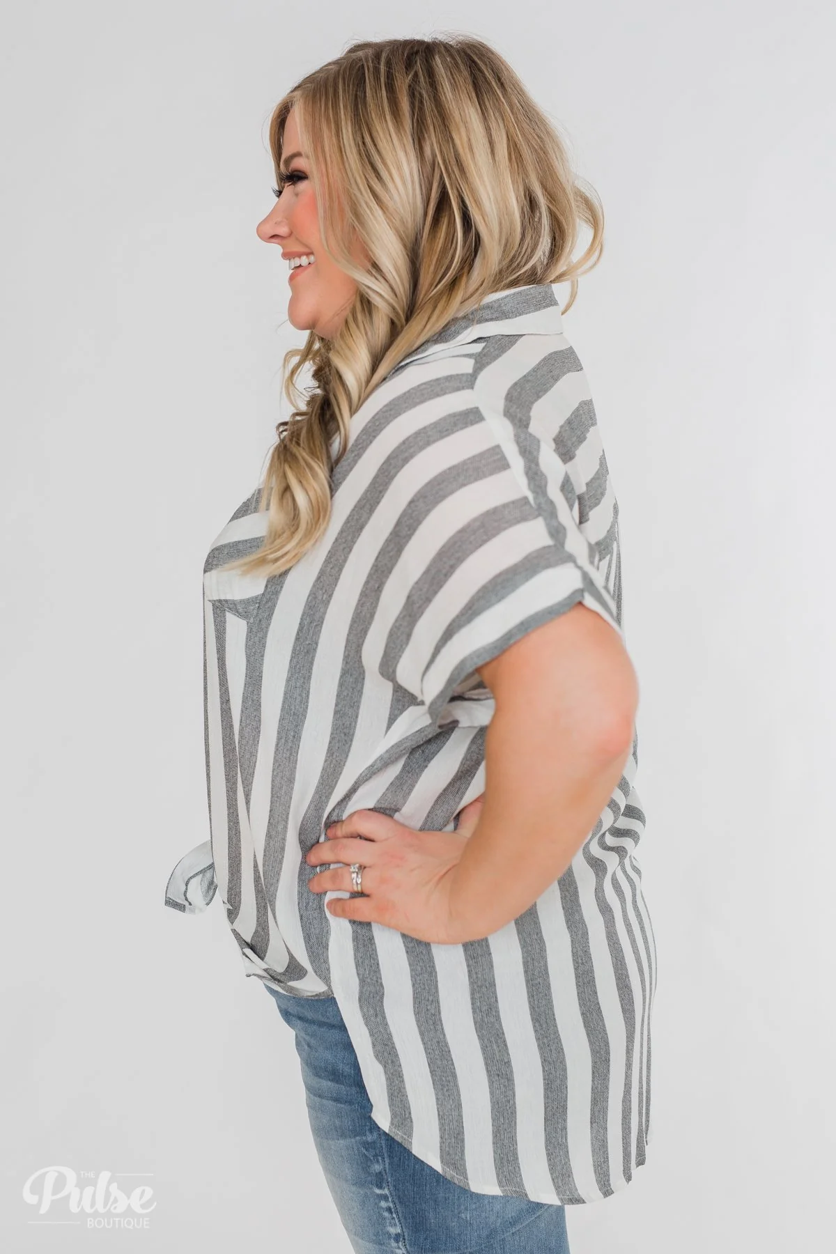 Somewhere Only We Know Striped Top- Grey & White - Image 5