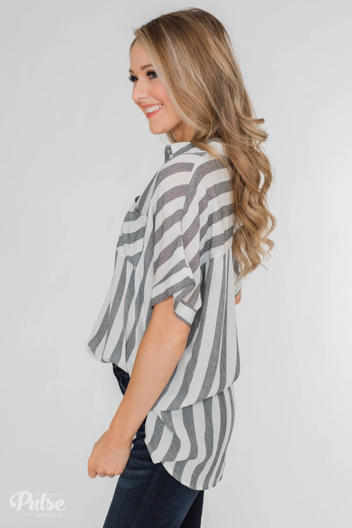 Somewhere Only We Know Striped Top- Grey & White - Image 9