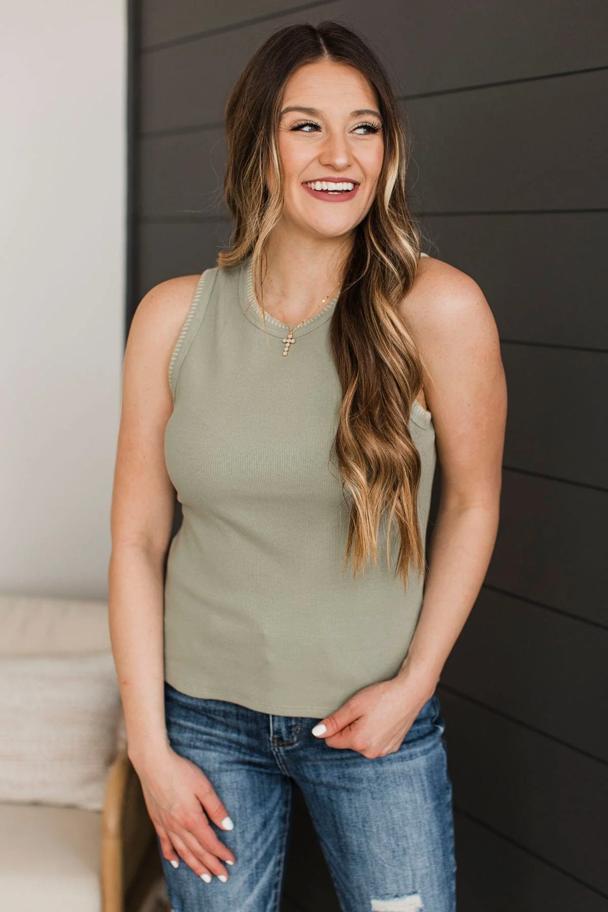 Songs About Love Blanket Stitch Tank Top- Sage - Image 4