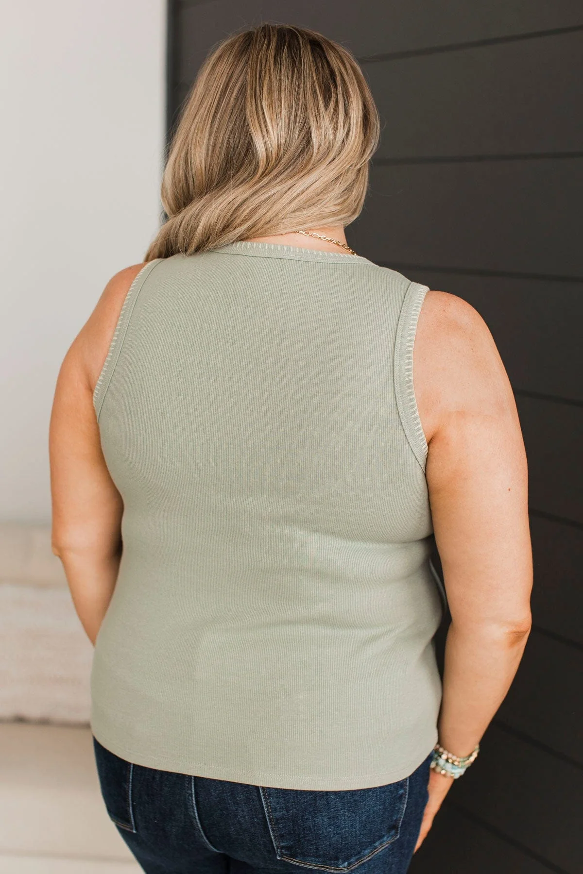 Songs About Love Blanket Stitch Tank Top- Sage - Image 7
