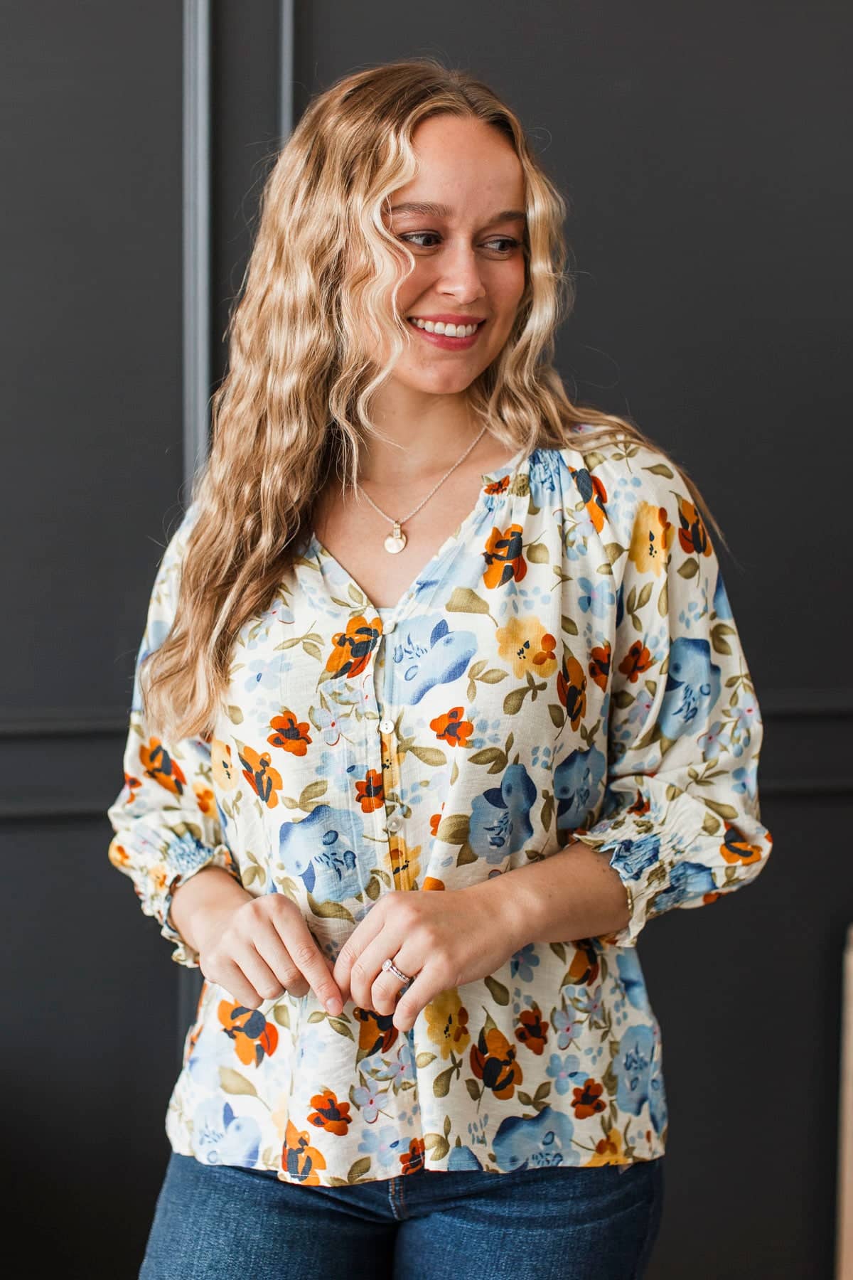 Sophisticated Ways Floral Blouse- Ivory & Blue - Image 3