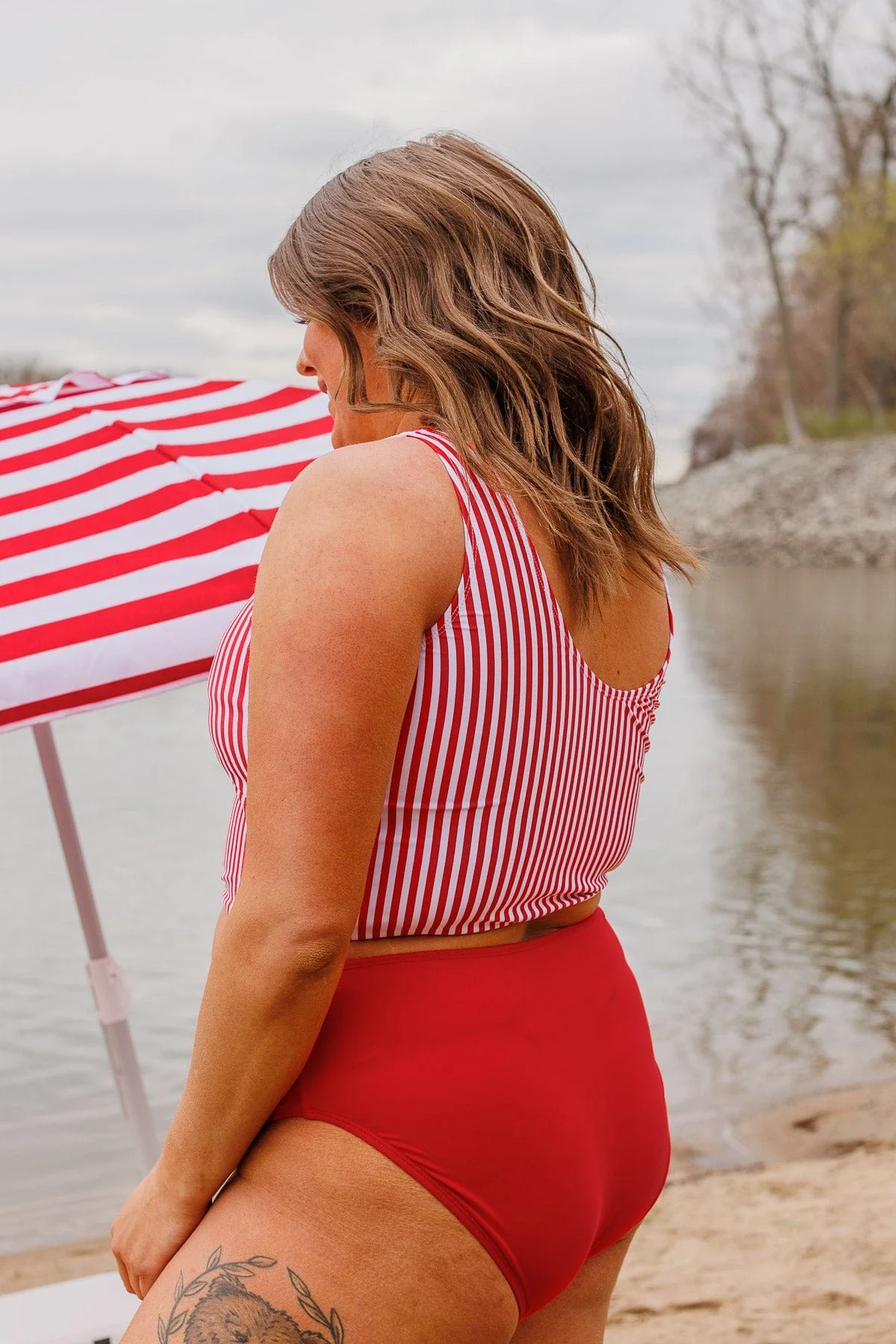 Front Knot Swimsuit Tankini- Red & White Stripe - Image 7