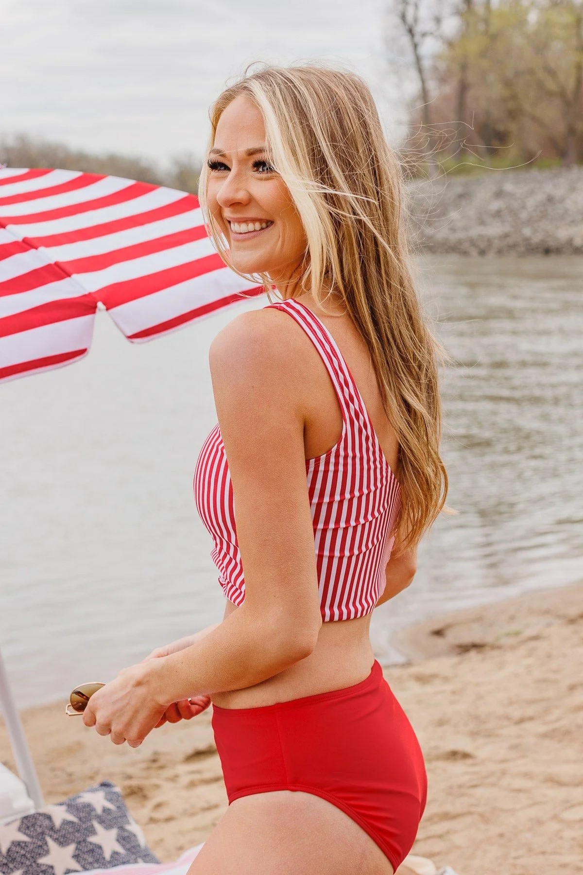 Front Knot Swimsuit Tankini- Red & White Stripe - Image 8