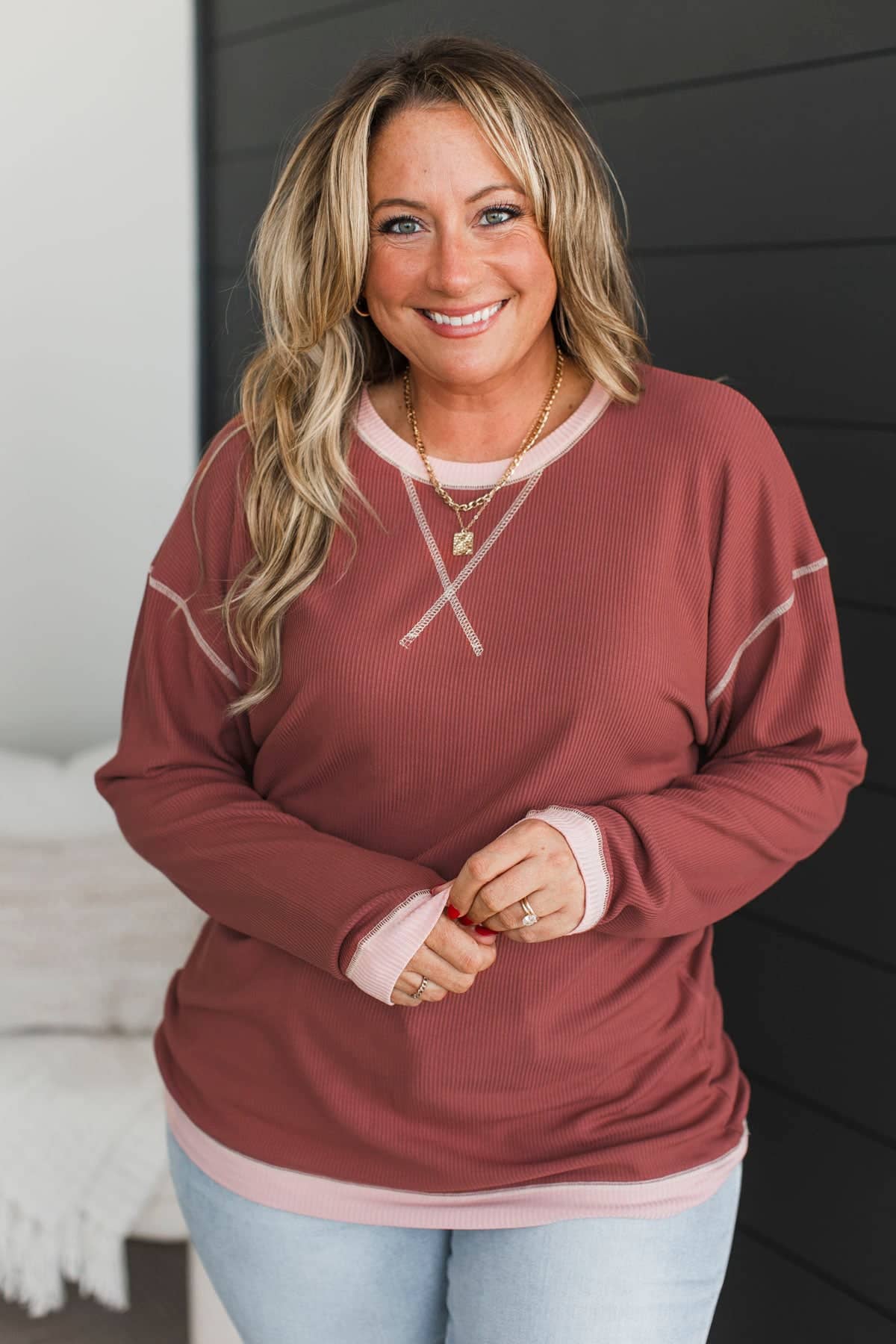 Soul Searching Contrast Ribbed Top- Marsala