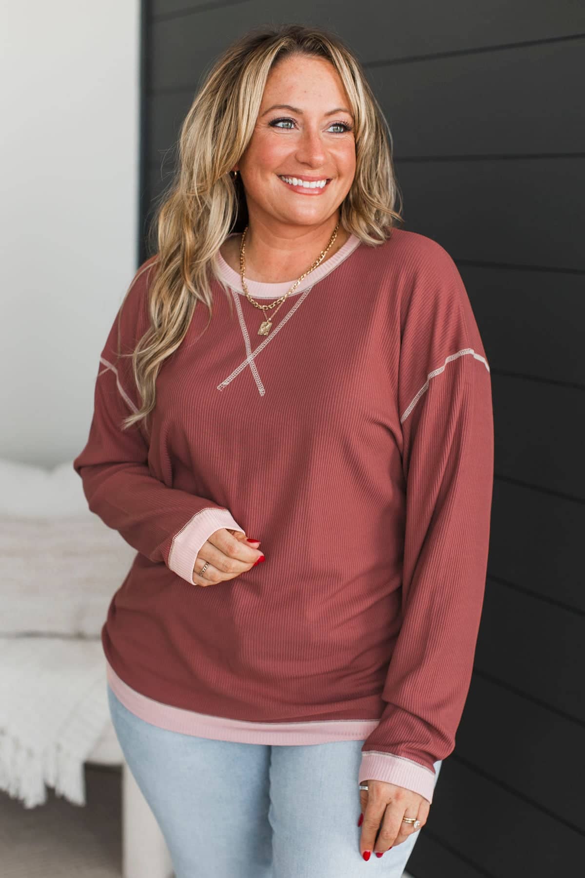 Soul Searching Contrast Ribbed Top- Marsala - Image 3