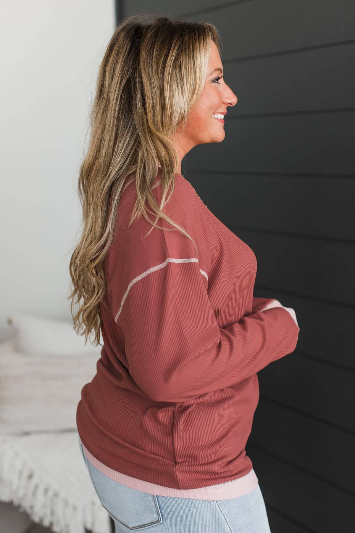 Soul Searching Contrast Ribbed Top- Marsala - Image 5