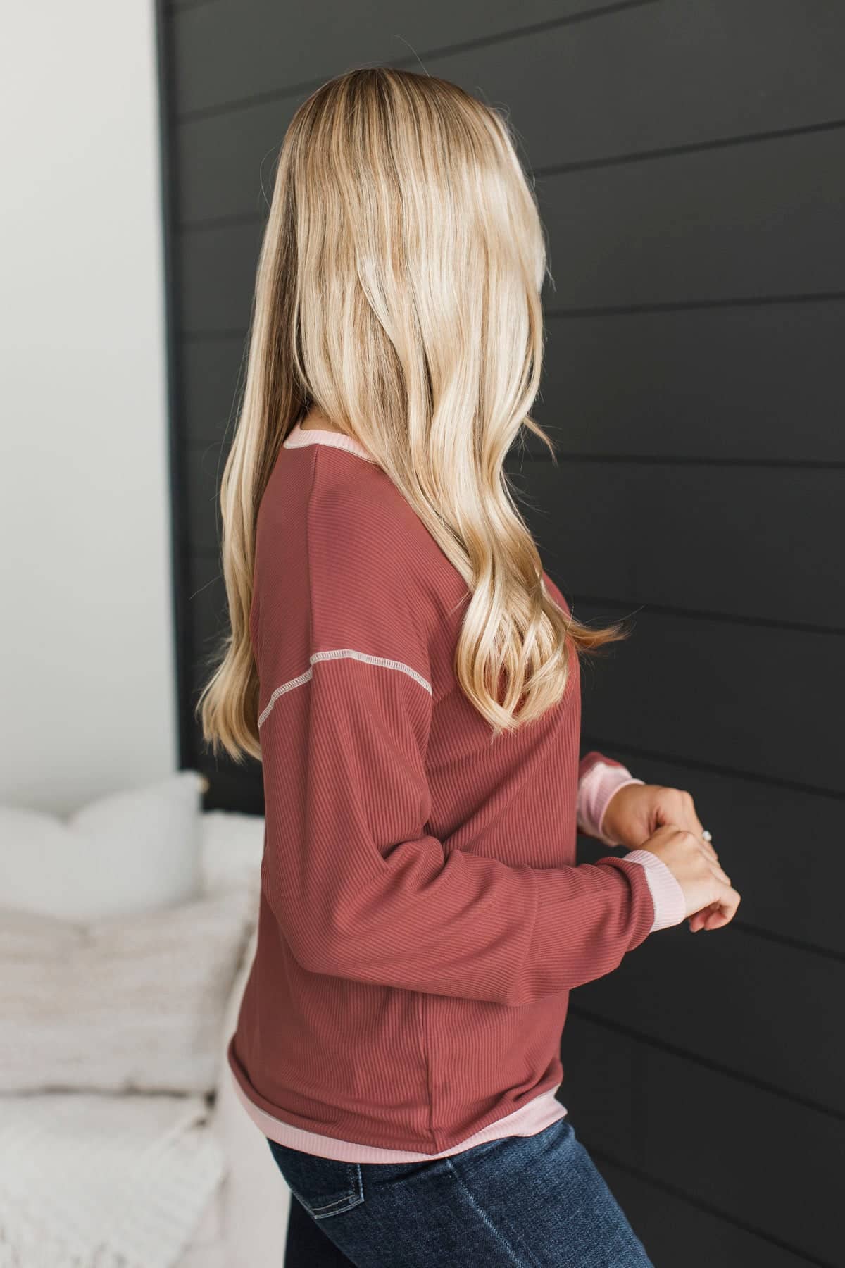 Soul Searching Contrast Ribbed Top- Marsala - Image 6