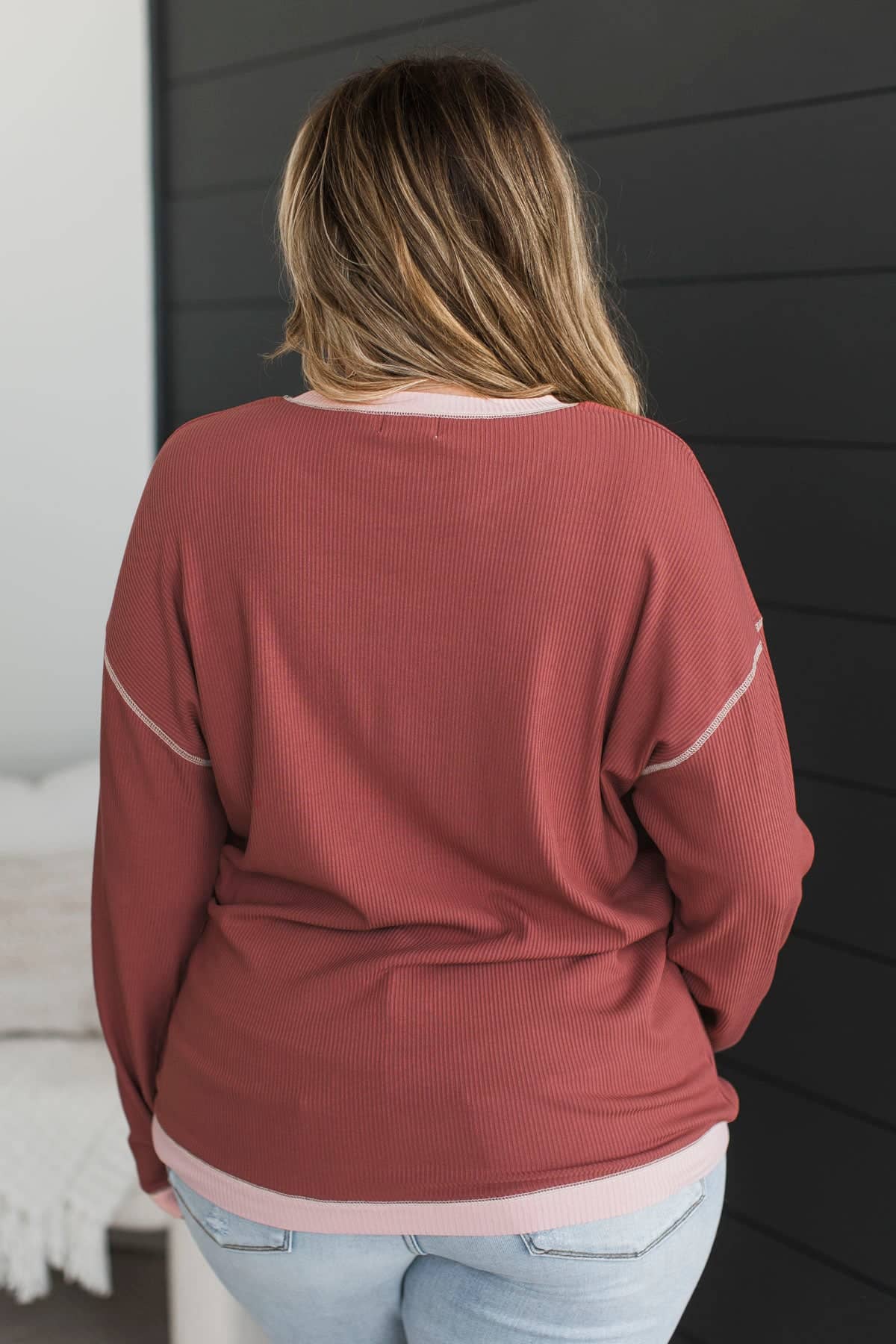 Soul Searching Contrast Ribbed Top- Marsala - Image 7