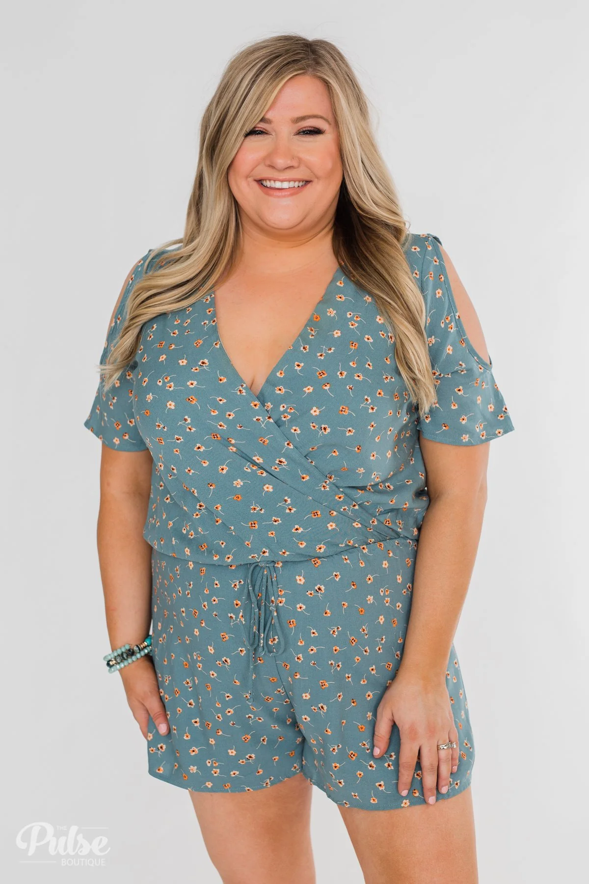 Sound of Spring Floral Cold Shoulder Romper- Antique Blue - Image 2