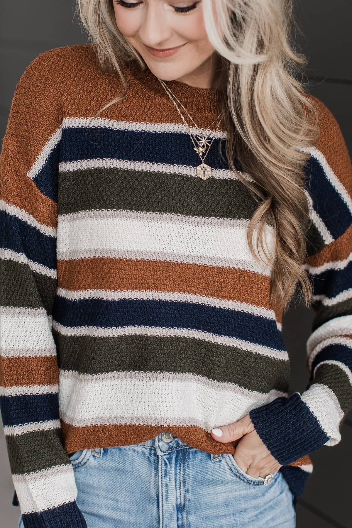 Sounds Like Me Multi-Color Stripe Sweater- Camel & Navy - Image 2