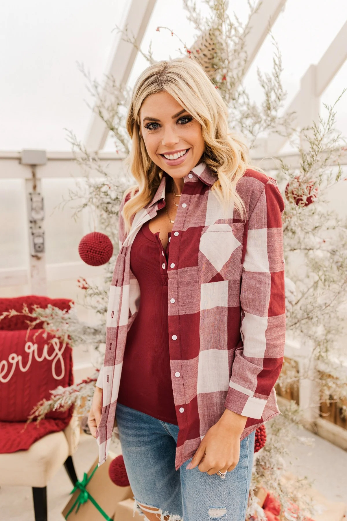 Sounds Of The Season Plaid Top- Cranberry Red - Image 2