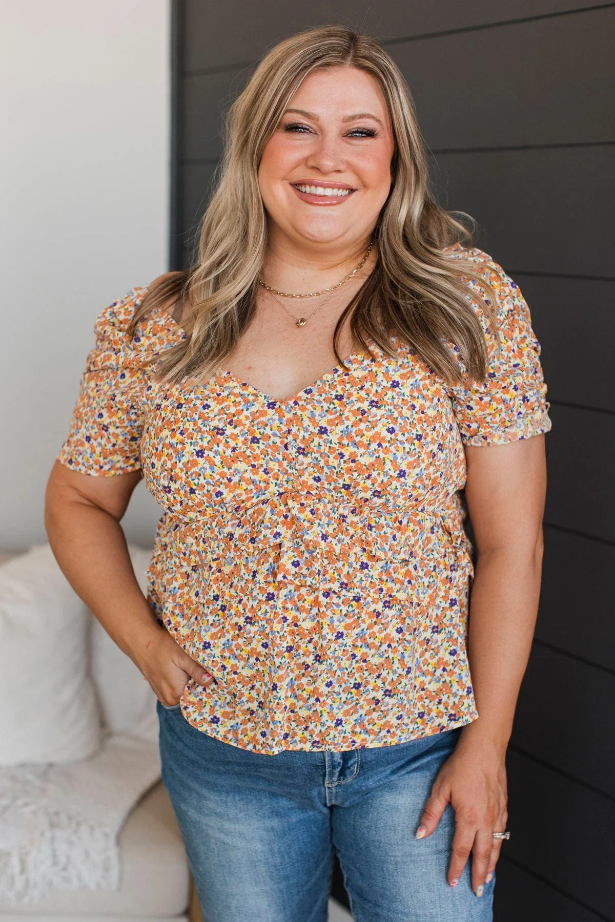 Sparking Joy Floral Peplum Blouse- Apricot - Image 3