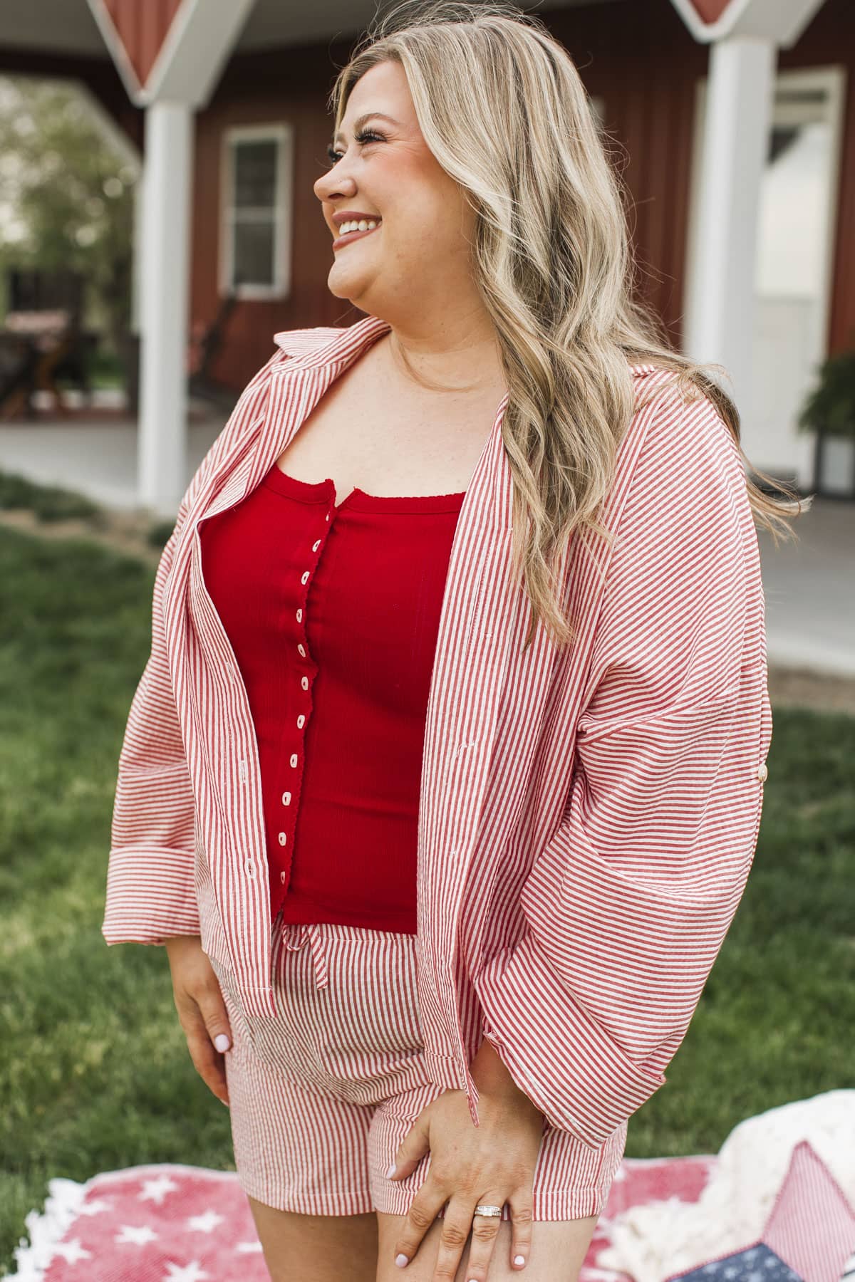 Sparkle In Stripes Long Sleeve Button Up Top- Ivory & Red - Image 3