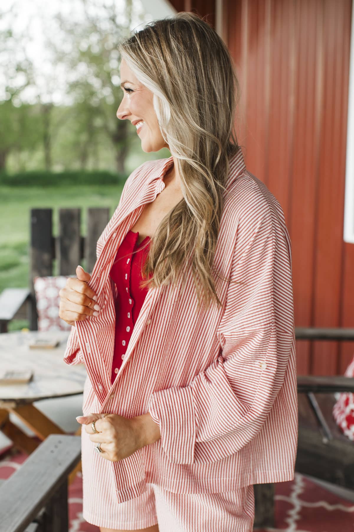 Sparkle In Stripes Long Sleeve Button Up Top- Ivory & Red - Image 4