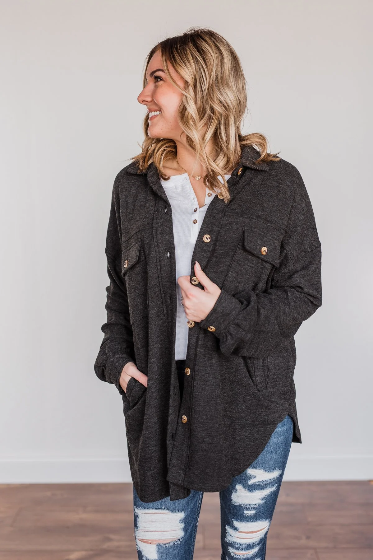 Sparkling Snow Button Pocket Top- Charcoal - Image 6