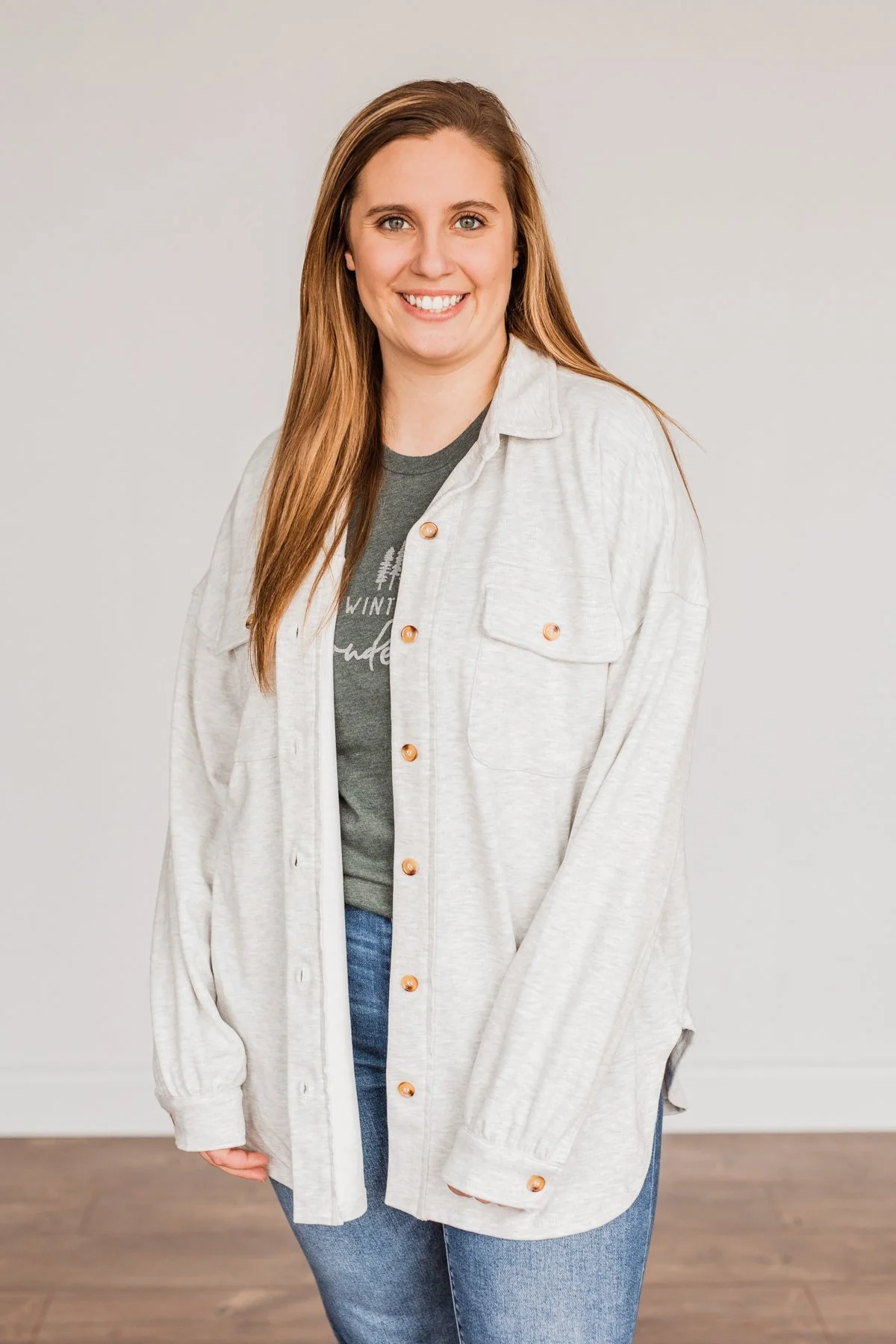 Sparkling Snow Button Pocket Top- Heathered Ivory - Image 2