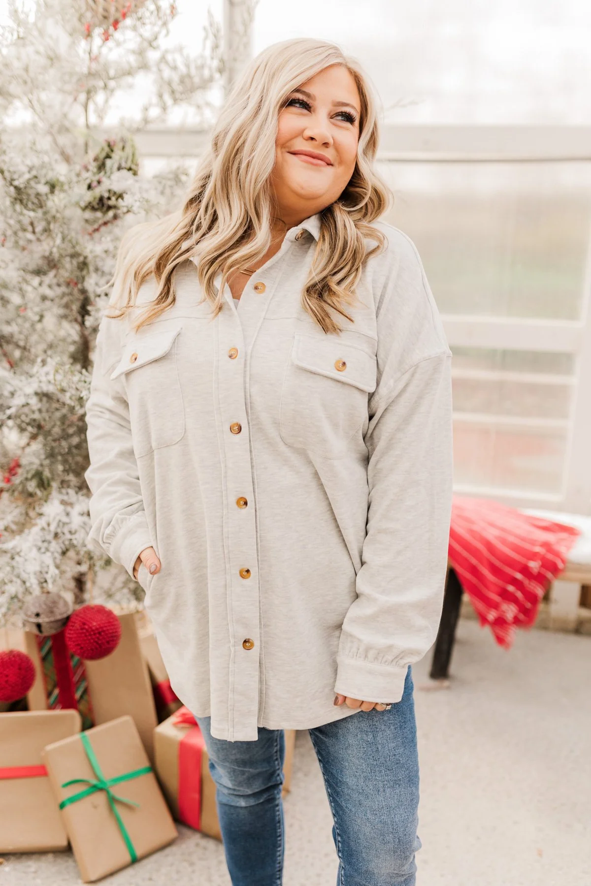 Sparkling Snow Button Pocket Top- Heathered Ivory - Image 4