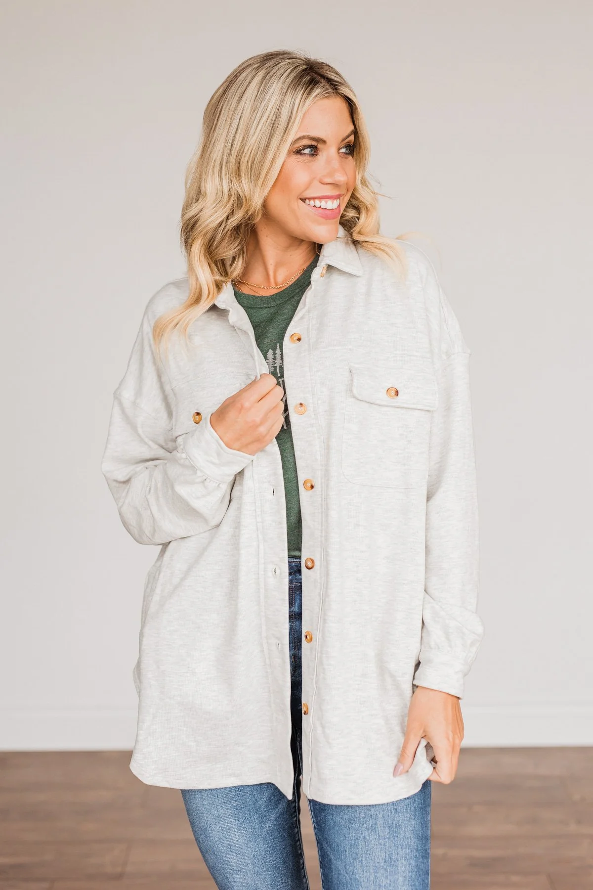 Sparkling Snow Button Pocket Top- Heathered Ivory - Image 6