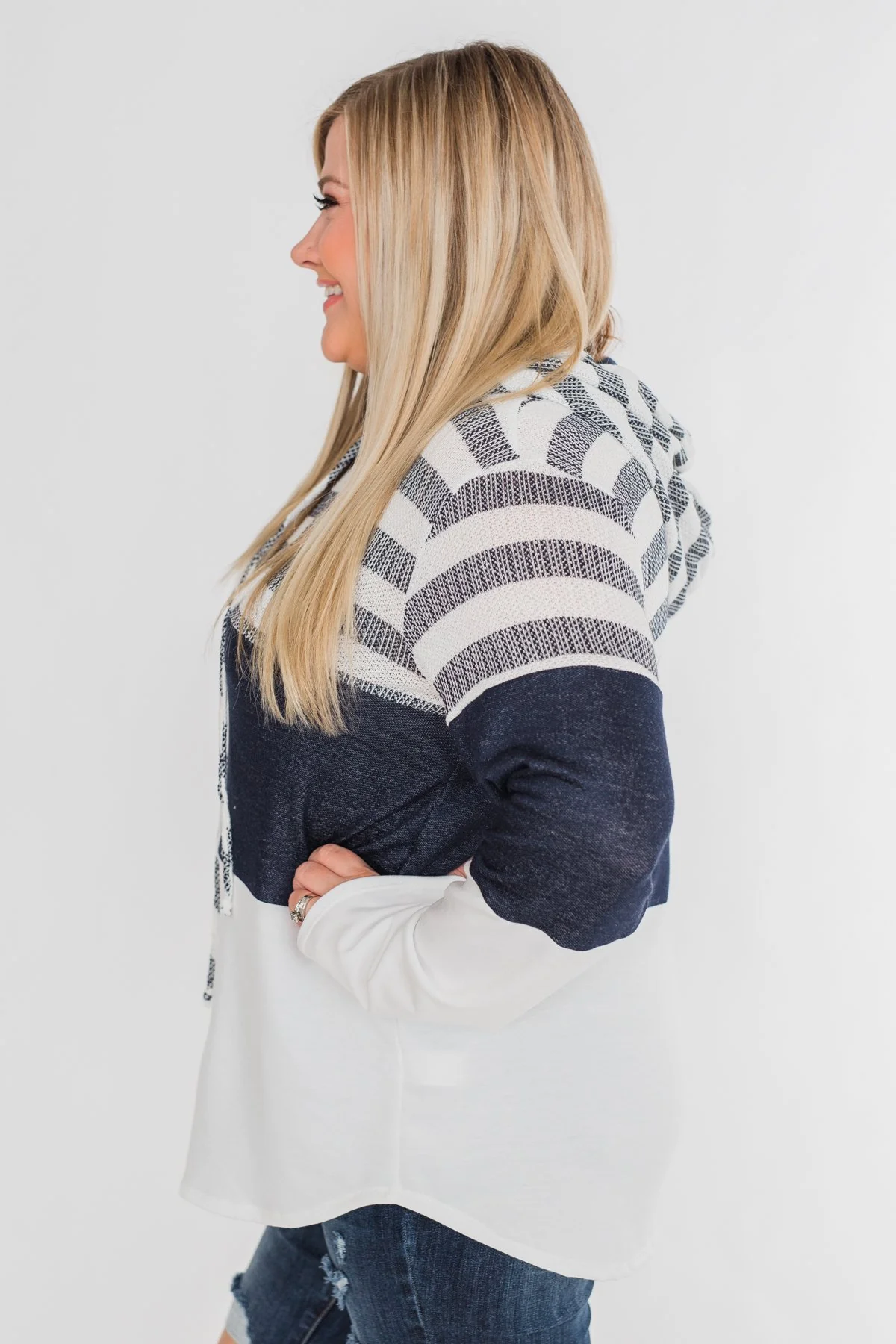 Speak to Me Color Block Drawstring Hoodie- Navy & Ivory - Image 10