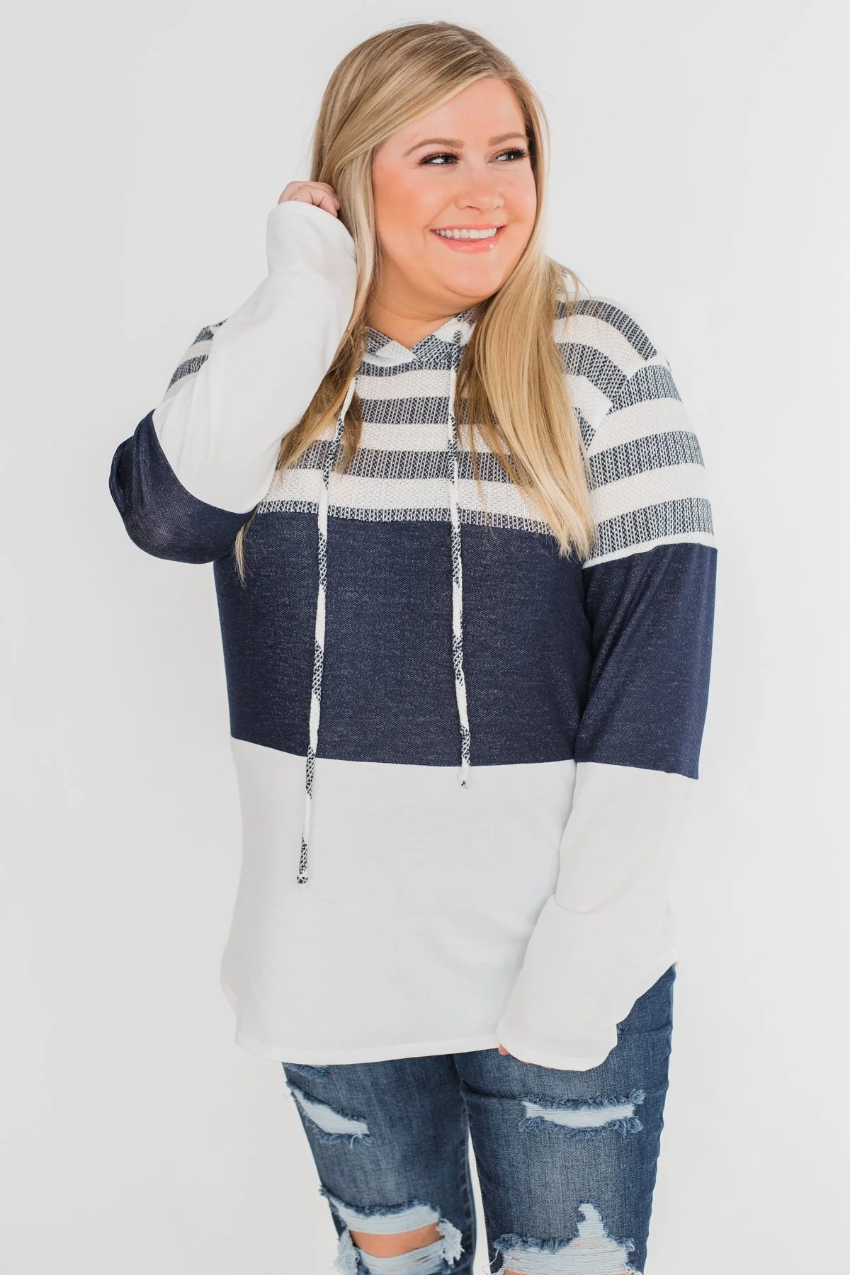 Speak to Me Color Block Drawstring Hoodie- Navy & Ivory - Image 2