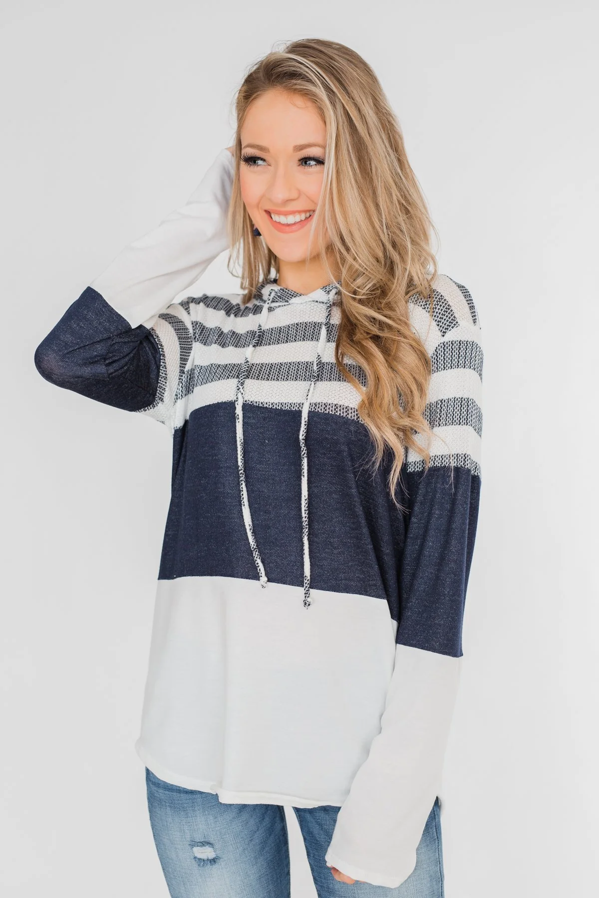 Speak to Me Color Block Drawstring Hoodie- Navy & Ivory - Image 5