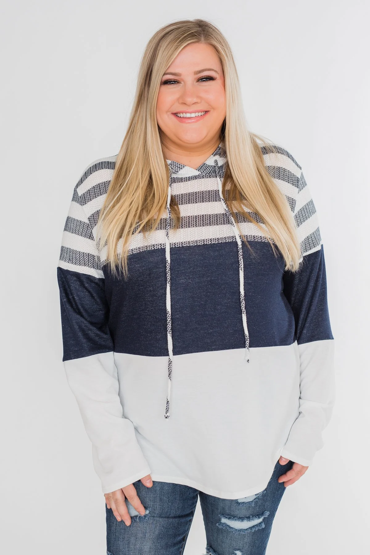 Speak to Me Color Block Drawstring Hoodie- Navy & Ivory - Image 8